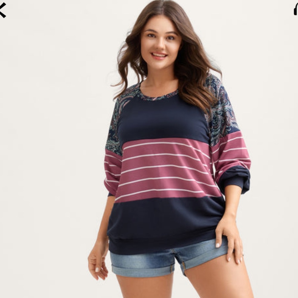 Women’s Navy and Pink Long Sleeve Patterned Top Plus 28W